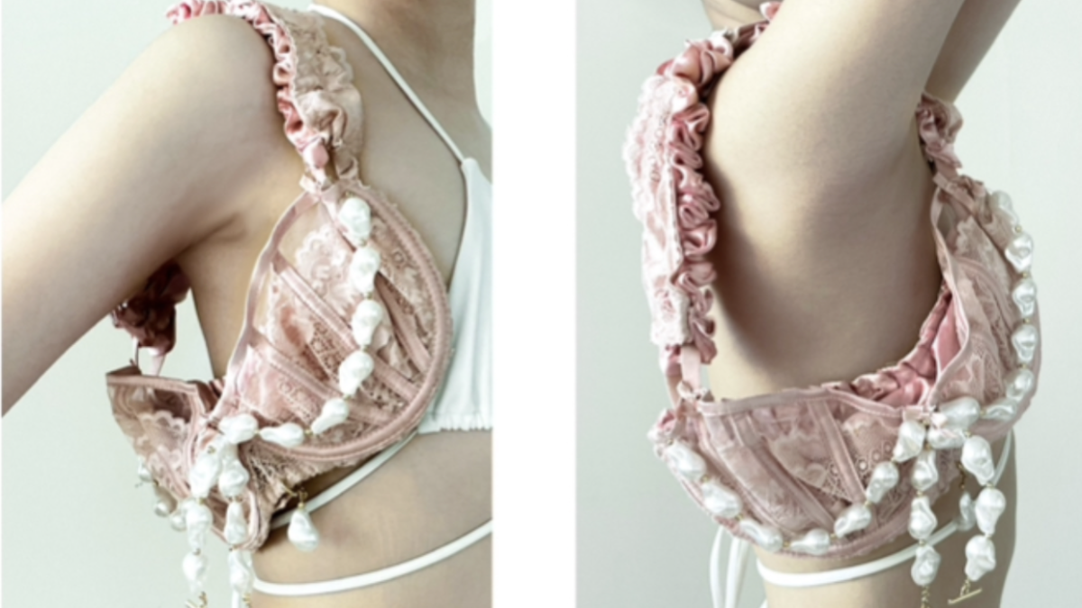 Two side-by-side photos of a woman wearing a pink micro bag shaped like a bra with dangling pearls and a ruffled strap on her shoulder.